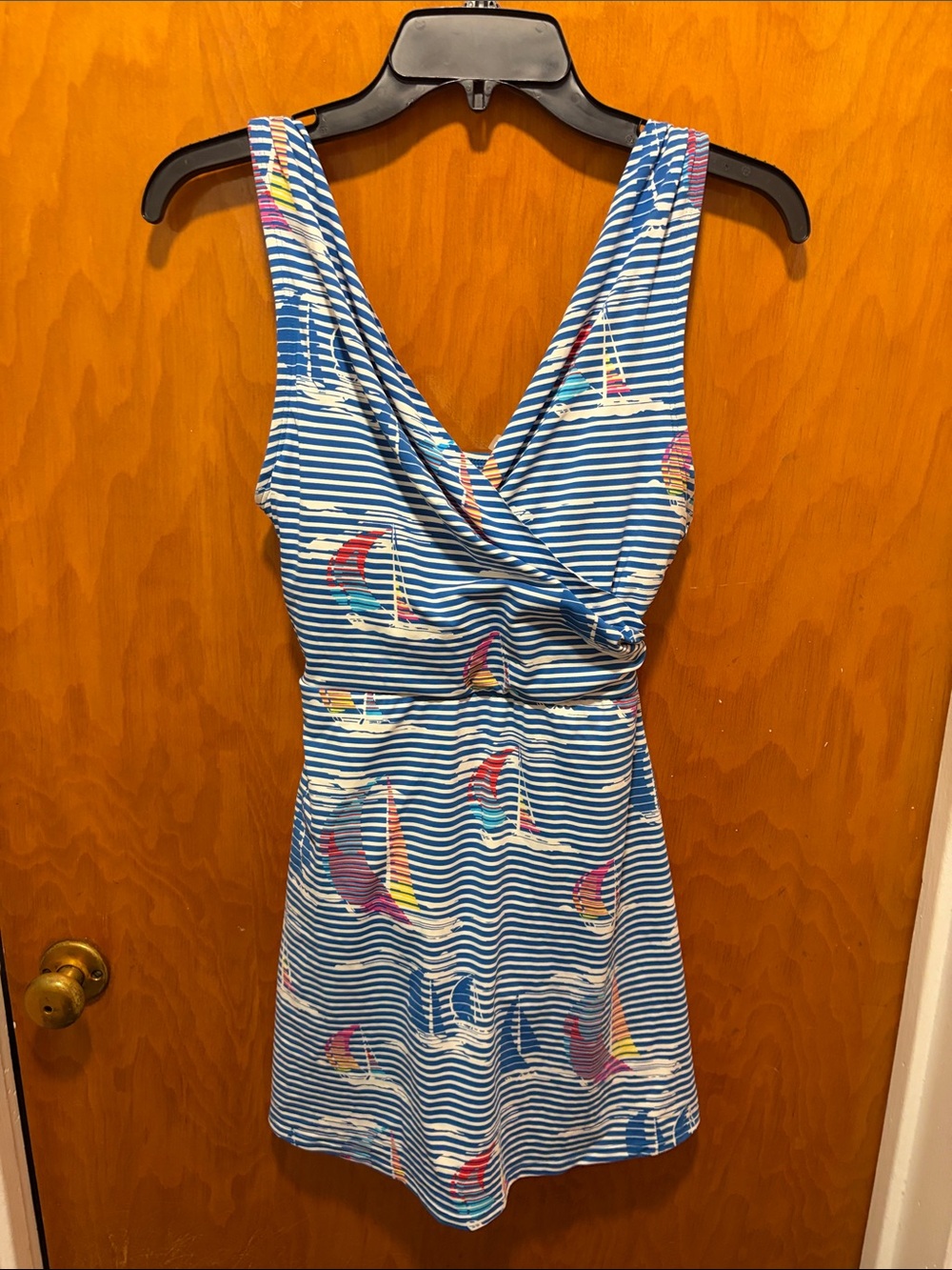 Lands' End Blue and White Striped Sailboat One-Piece Swimdress